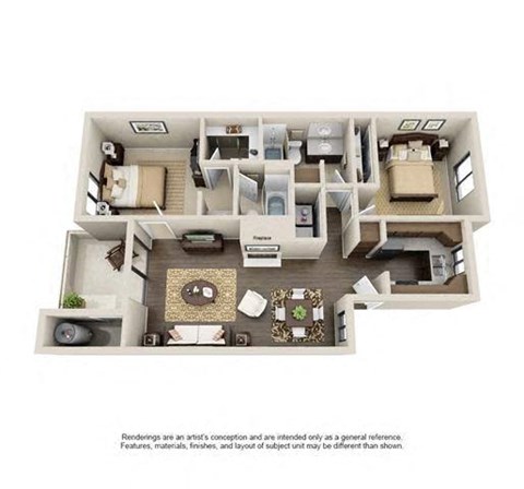A floor plan of a house with a kitchen, living room, and two bedrooms.